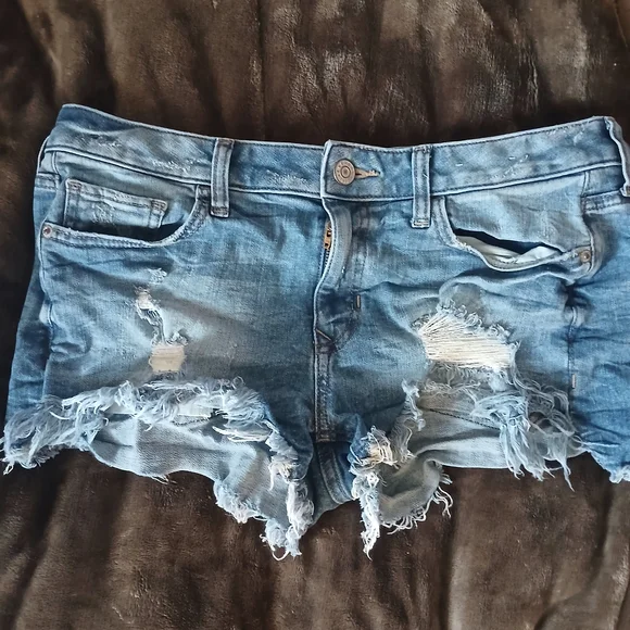 Express Light Blue Ripped Jean Shorts - Picture 2 of 8